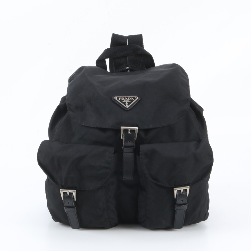 Prada Tessuto Nylon Triangle Logo Leather Backpack, Black, Women's